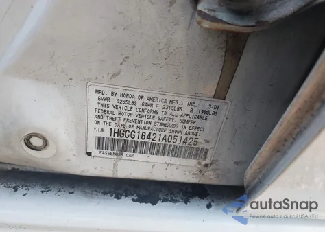 2001 Honda Accord 3.0 Lx z USA, uszkodzony, nr VIN 1HGCG16421A051425